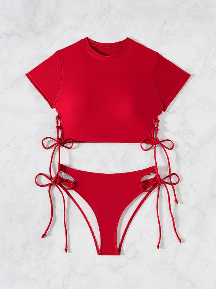 Women's Short-Sleeve Bikini Set | Two-Piece Modest Swimsuit with Drawstring – Red & Black