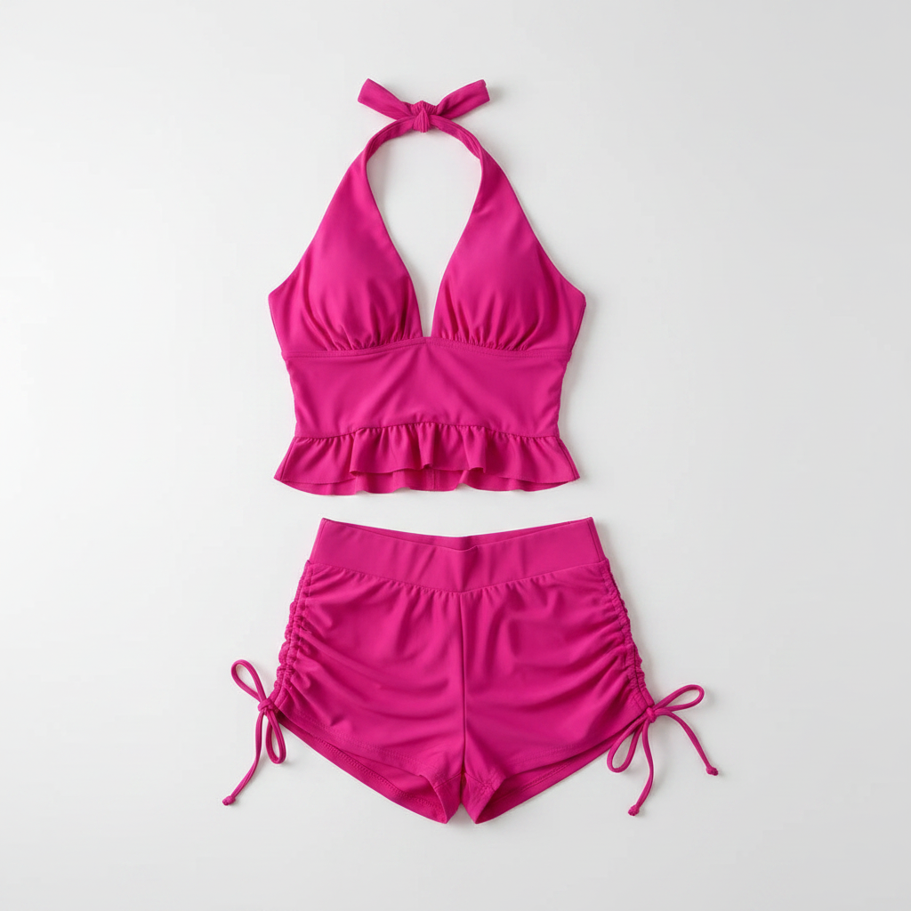 Ruffle Backless Swimsuit Set - Two-Piece with Shorts