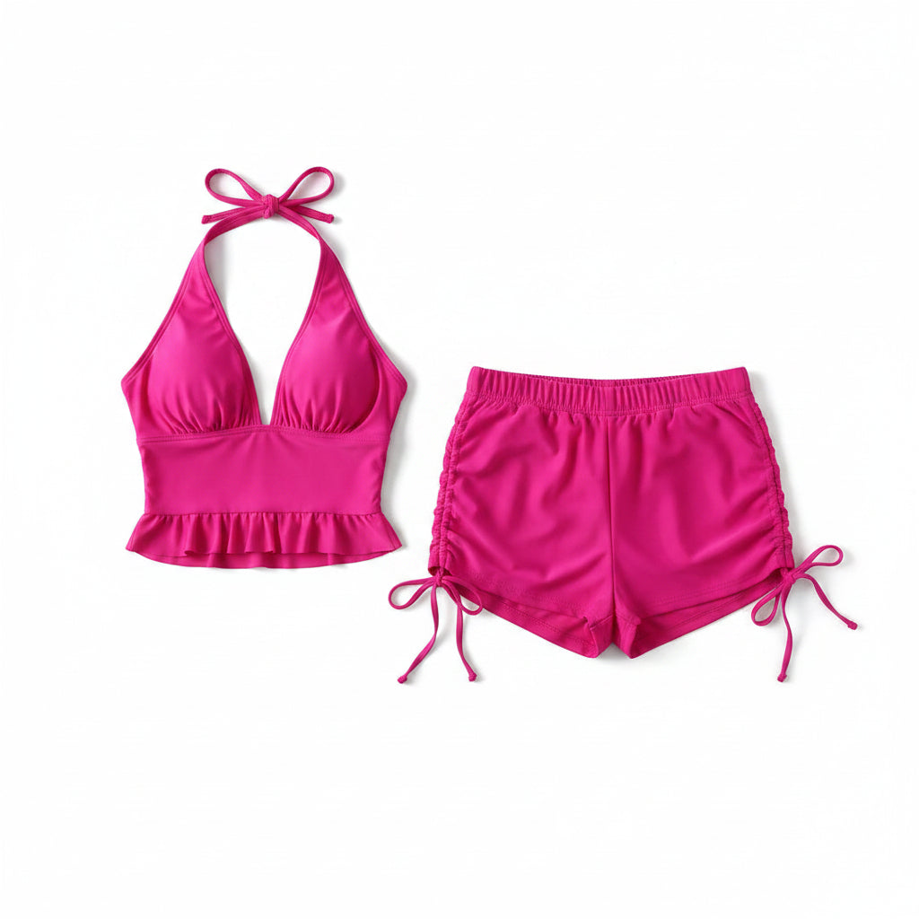 Ruffle Backless Swimsuit Set - Two-Piece with Shorts