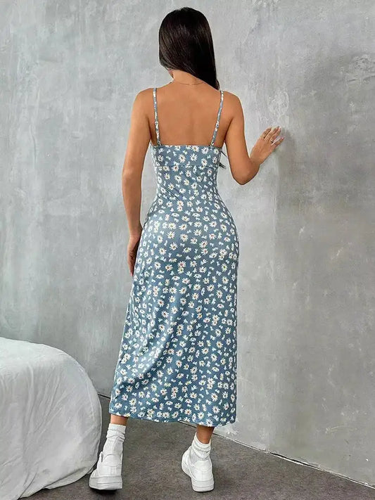 The Printed Halter Midi Dress – Empire Waist, Pencil Silhouette, Black & Light Blue