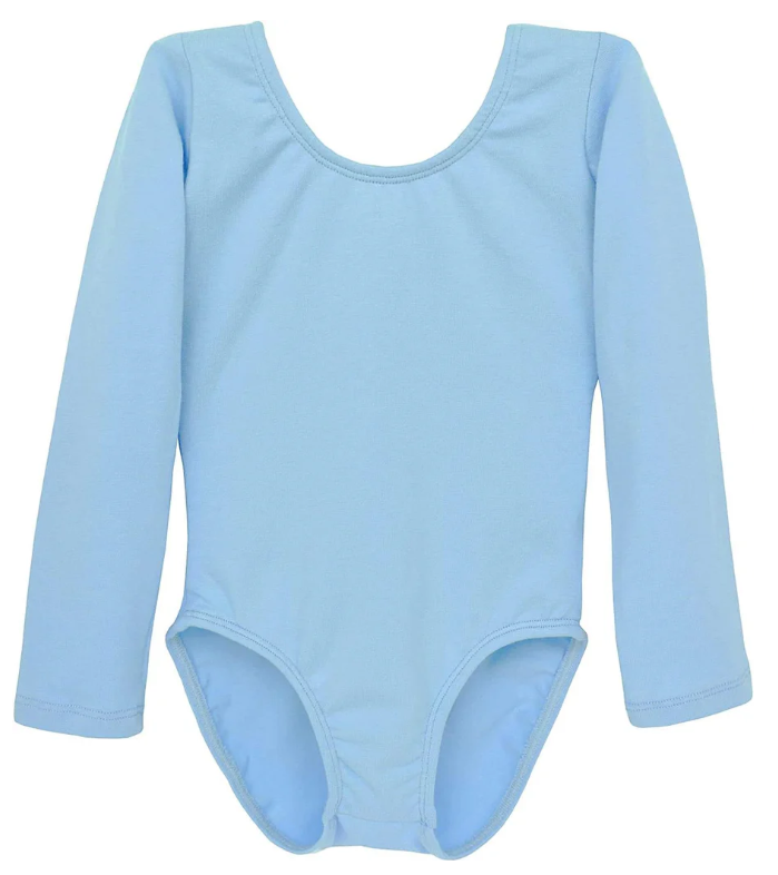 Light blue leotard with long sleeves on a white background
