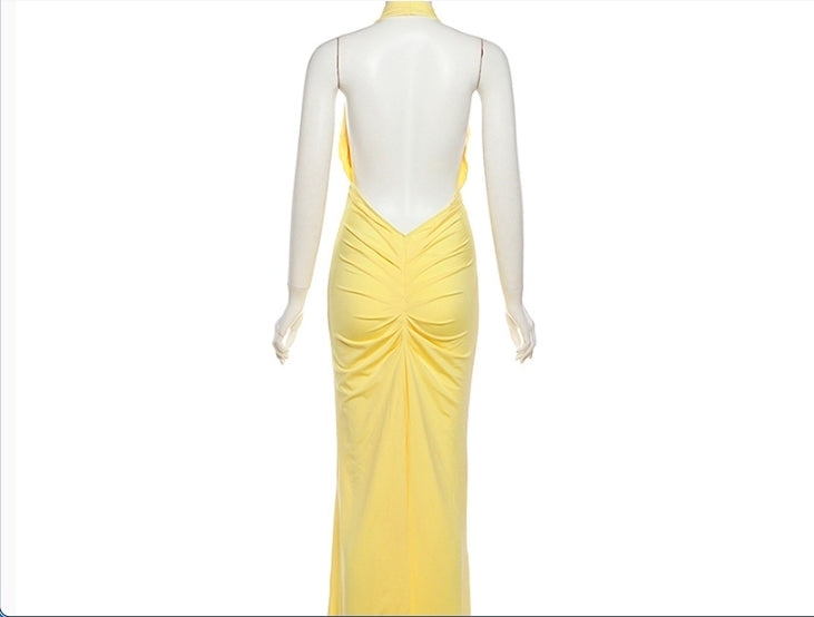Women's Deep V Halter Backless Pleated Maxi Dress | Elegant Bodycon Evening Gown