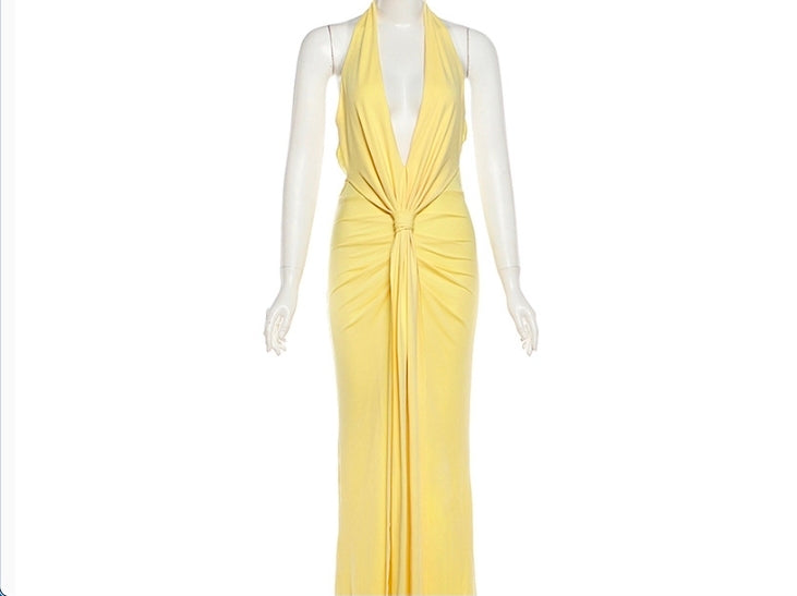 Women's Deep V Halter Backless Pleated Maxi Dress | Elegant Bodycon Evening Gown