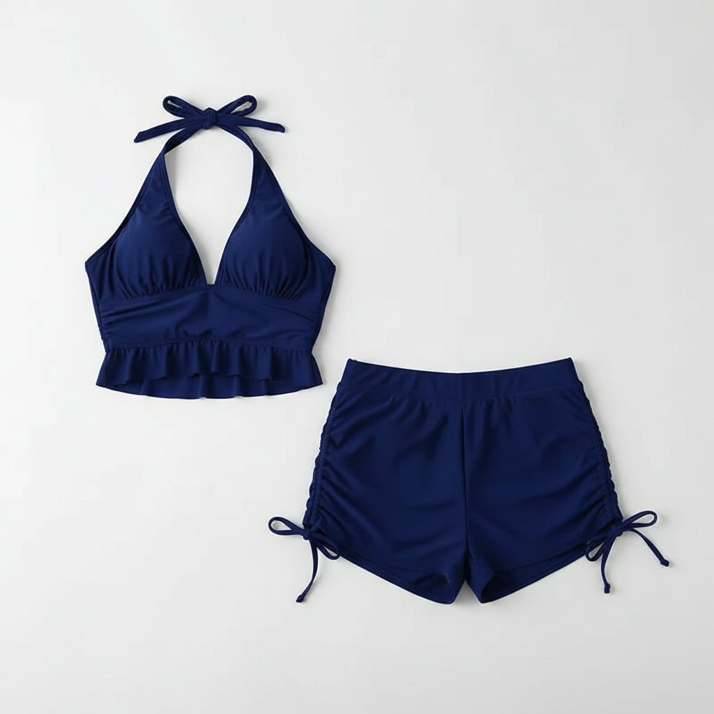 Ruffle Backless Swimsuit Set - Two-Piece with Shorts Blue