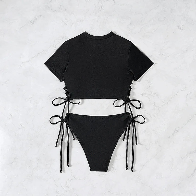 Women's Short-Sleeve Bikini Set | Two-Piece Modest Swimsuit with Drawstring – Red & Black