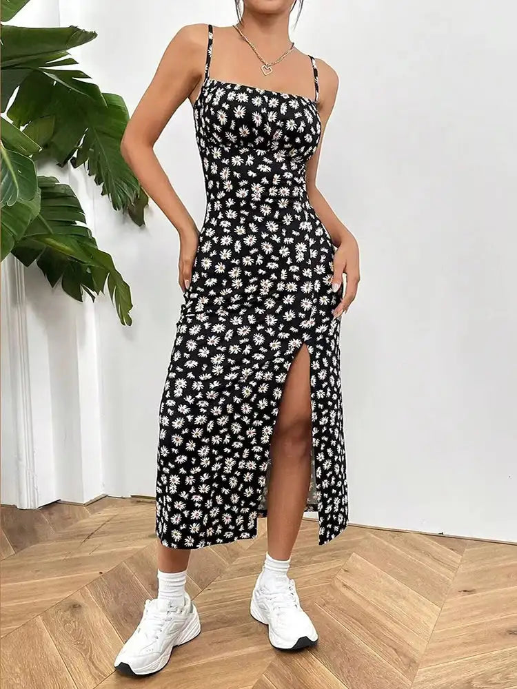 The Printed Halter Midi Dress – Empire Waist, Pencil Silhouette, Black & Light Blue Black
