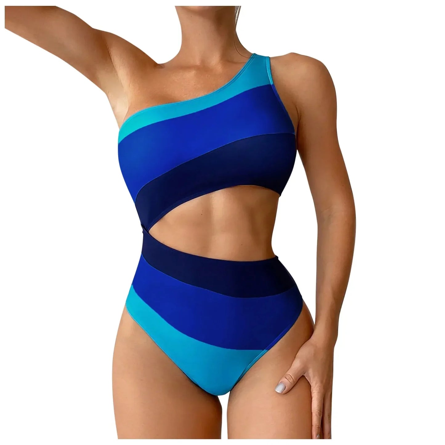 One-Shoulder Color Block Swimsuit Set - Halter Style