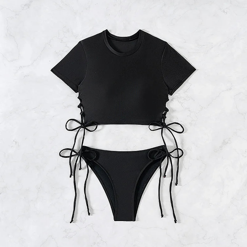 Women's Short-Sleeve Bikini Set | Two-Piece Modest Swimsuit with Drawstring – Red & Black Black