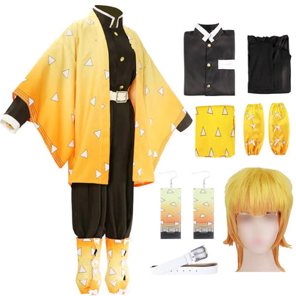 Zenitsu Cosplay Costume: Demon Slayer Kimono Wig Set Suits add Wigs Cos