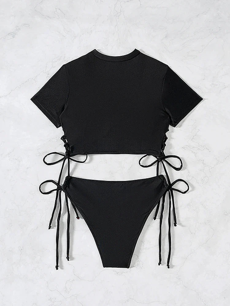 Women's Short-Sleeve Bikini Set | Two-Piece Modest Swimsuit with Drawstring – Red & Black
