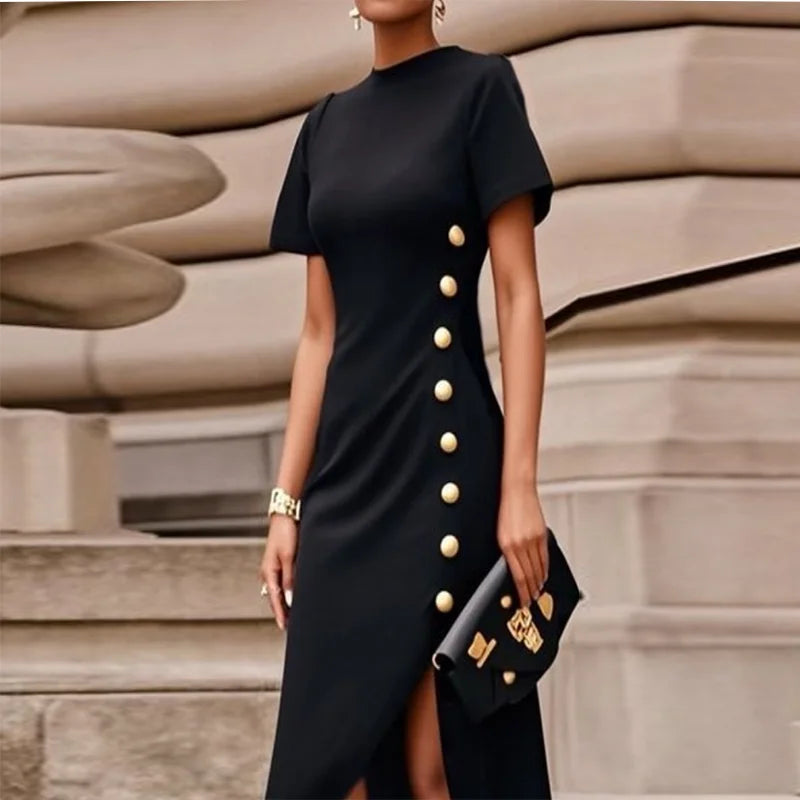 Asymmetrical Maxi Dress – High-Low Hem Short Sleeve Button Detail Dress Black Dresses United States