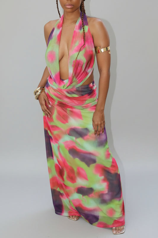 Vibrant Bloom Abstract Print Cowl Neck Maxi Dress - Open Back Halter multi