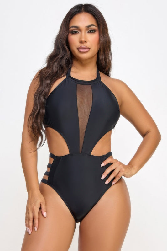 Calista One-Piece Swimsuit – Mesh Front & Strappy Sides Black