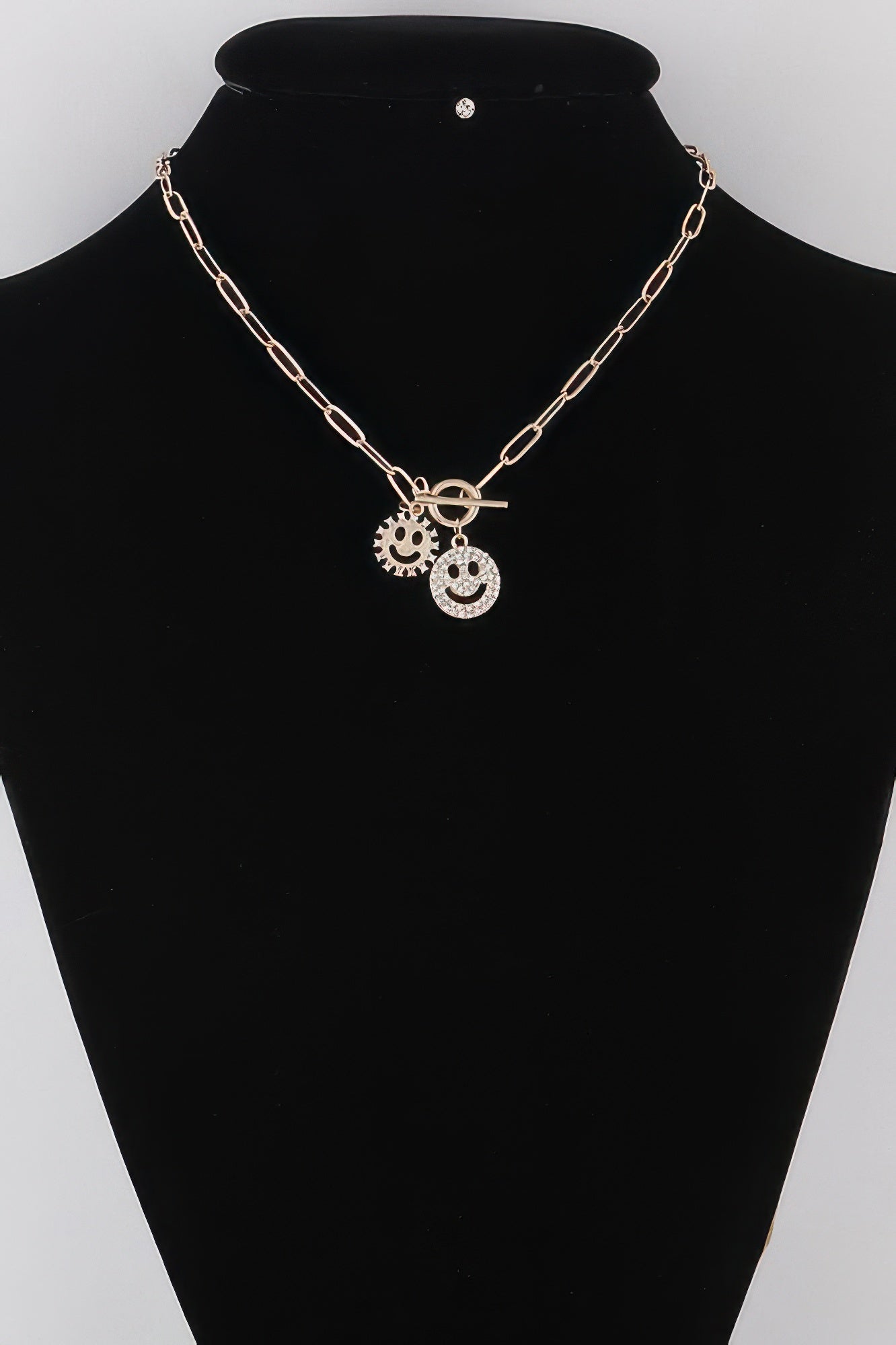 Smiley Face Duo Toggle Chain Necklace Gold Clear