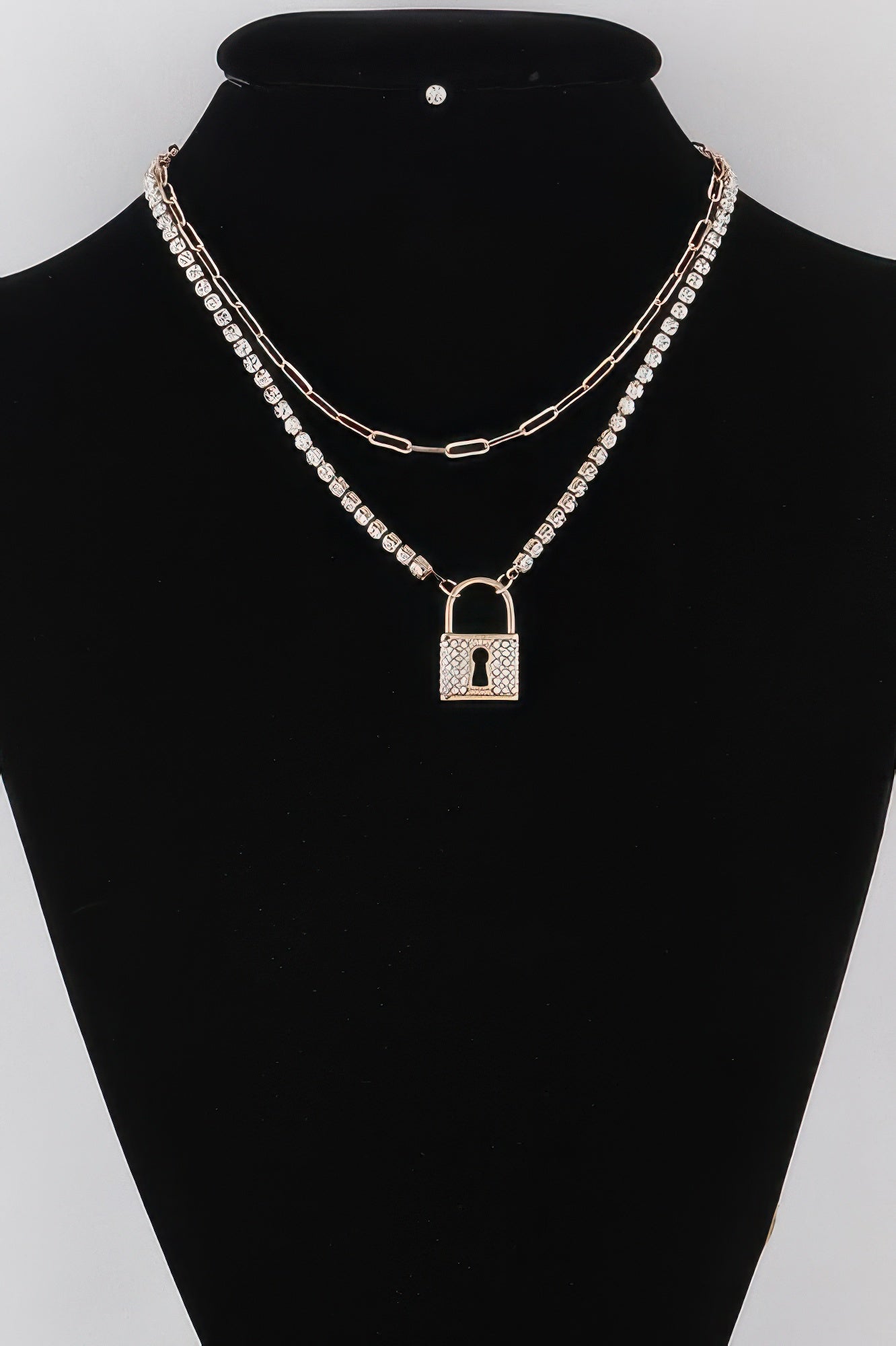Rhinestone Lined Lock Pendant Necklace Gold Clear
