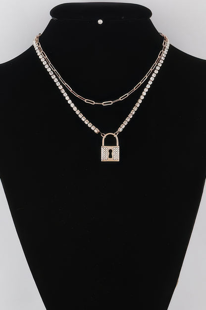 Rhinestone Lined Lock Pendant Necklace Gold Clear