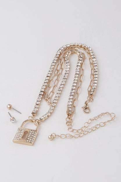 Rhinestone Lined Lock Pendant Necklace