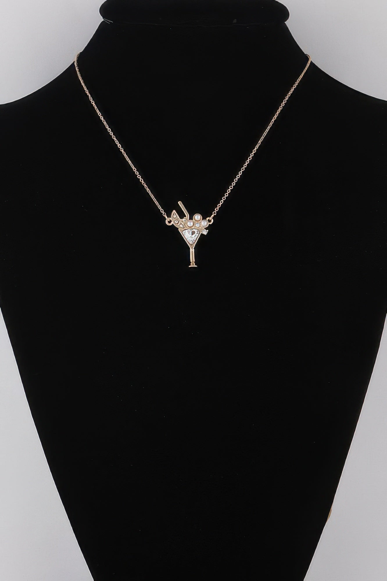 Jeweled Martini Glass Pendant Necklace Gold Cream