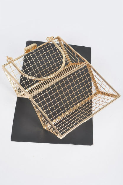 Metal Wire Cube Clutch Gold