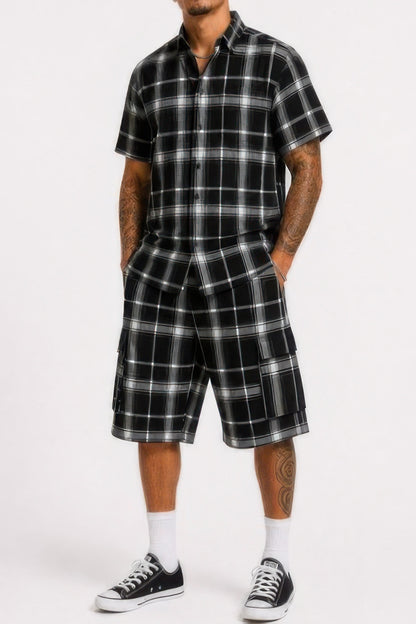Mens Checkered Shirt And Cargo Shorts Set Royal