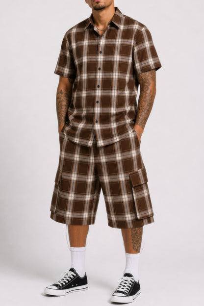 Mens Checkered Shirt And Cargo Shorts Set Brown
