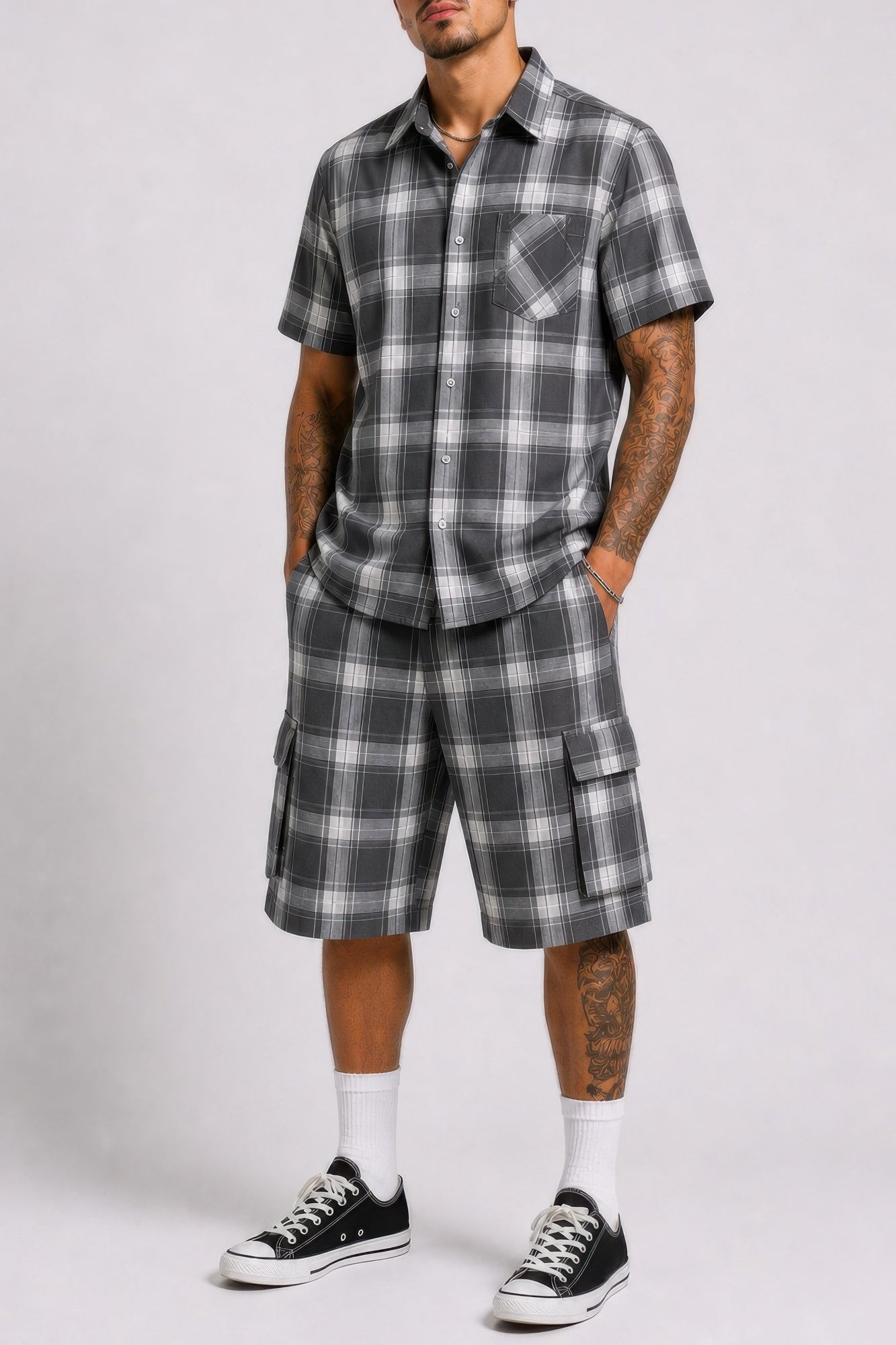 Mens Checkered Shirt And Cargo Shorts Set Dark Grey