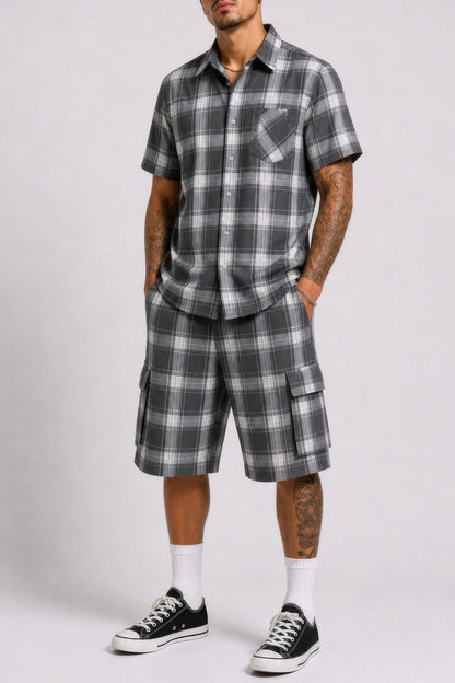 Mens Checkered Shirt And Cargo Shorts Set Dark Grey