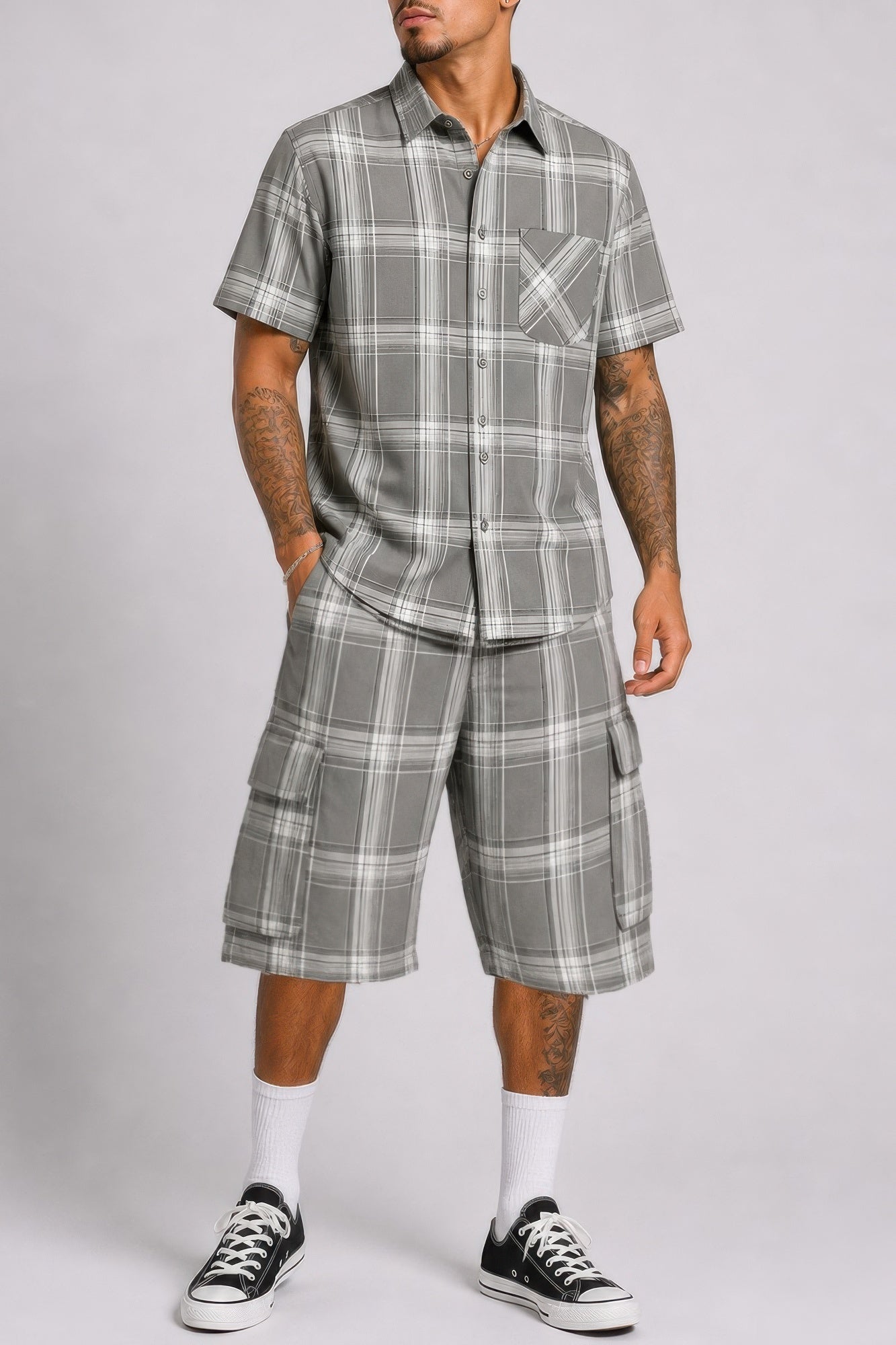 Mens Checkered Shirt And Cargo Shorts Set Light Grey