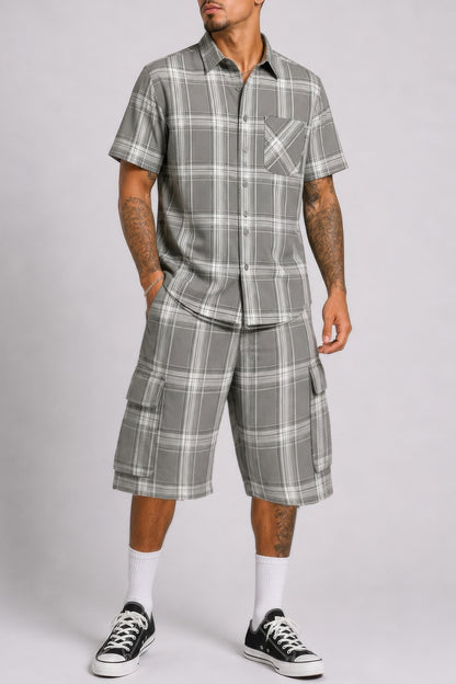Mens Checkered Shirt And Cargo Shorts Set Light Grey