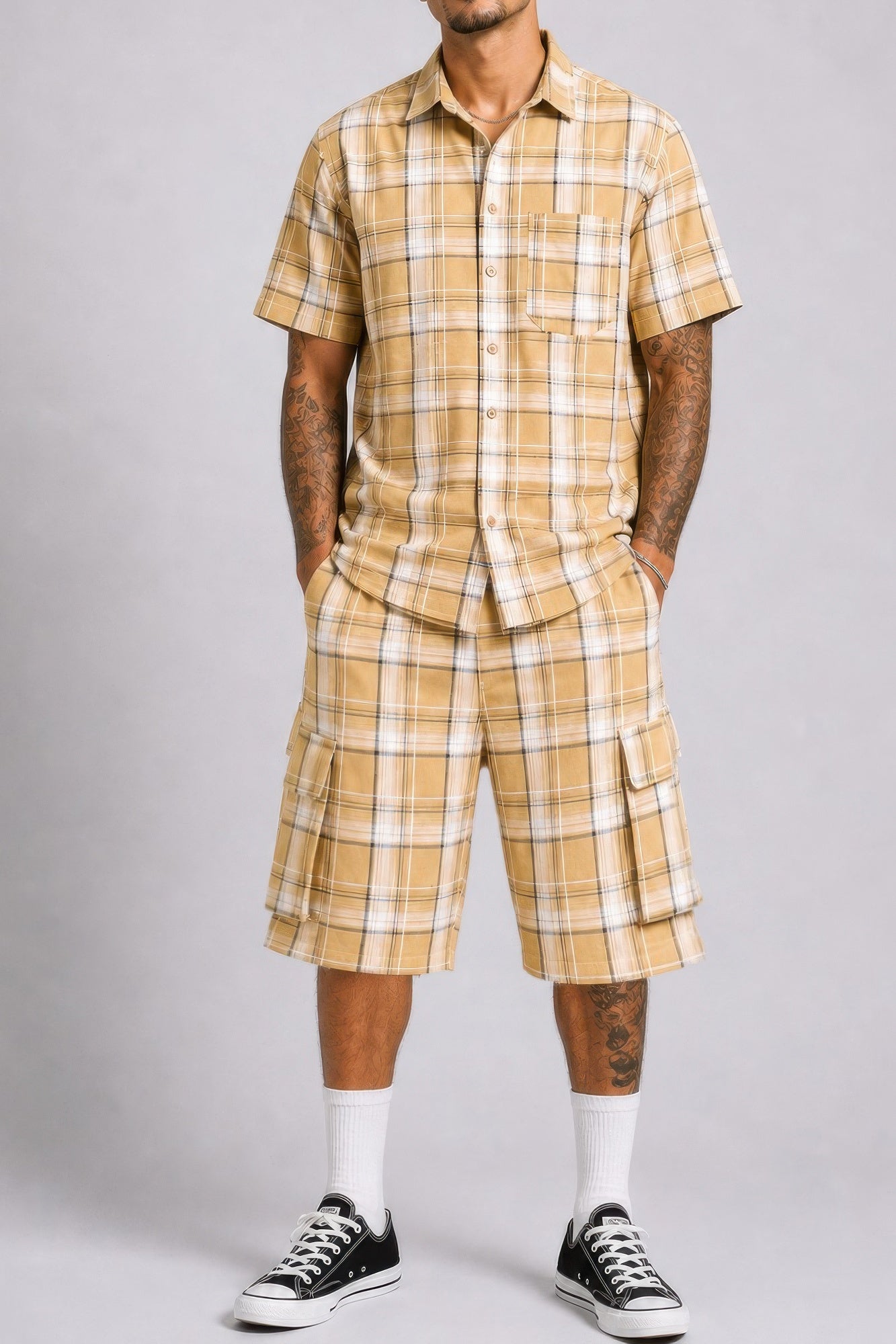 Mens Checkered Shirt And Cargo Shorts Set Khaki