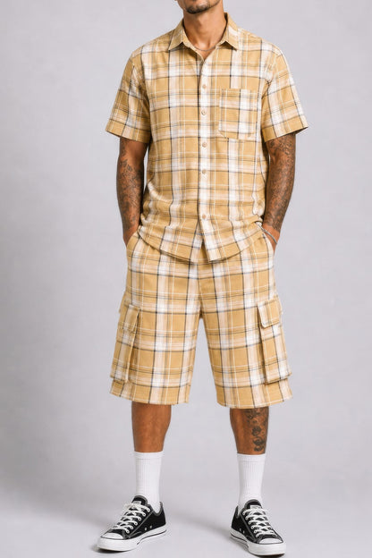 Mens Checkered Shirt And Cargo Shorts Set Khaki
