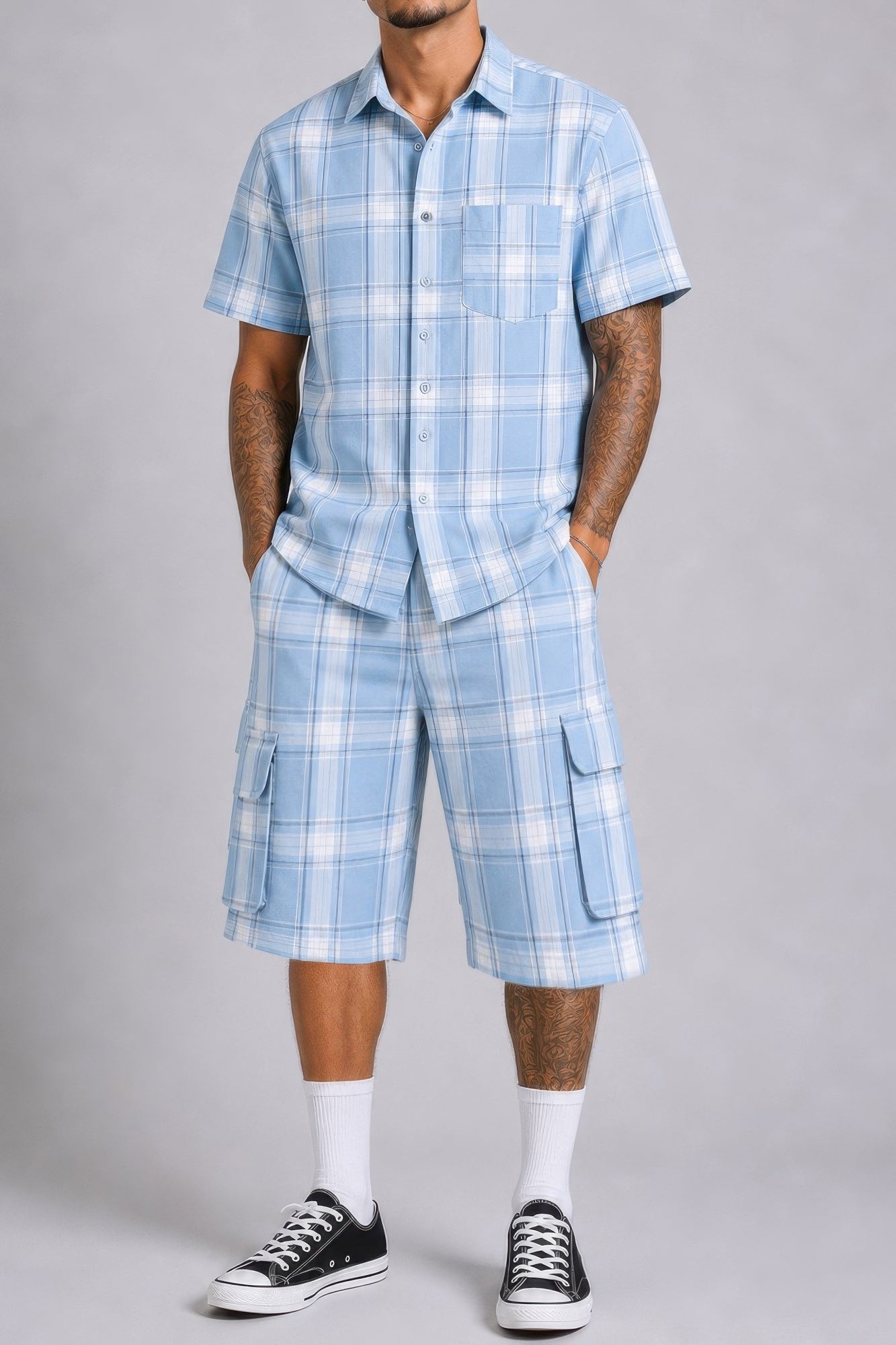 Mens Checkered Shirt And Cargo Shorts Set Light Blue