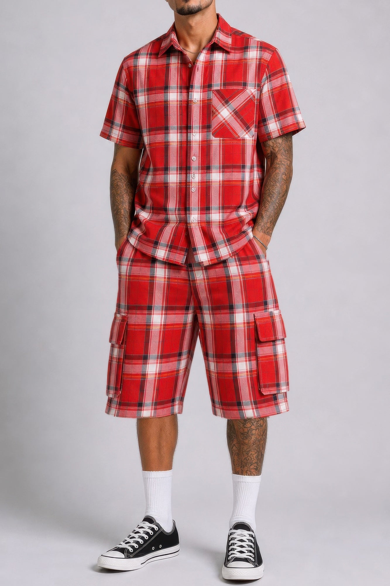 Mens Checkered Shirt And Cargo Shorts Set Red