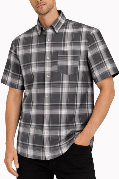 Oldschool Checkered Button Down Short Sleeve Shirt Dark Grey