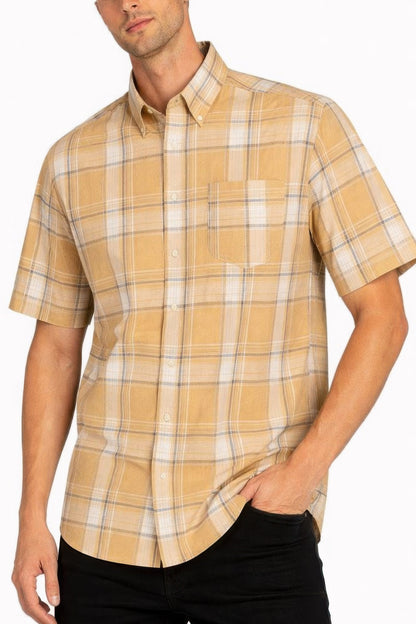 Oldschool Checkered Button Down Short Sleeve Shirt Khaki