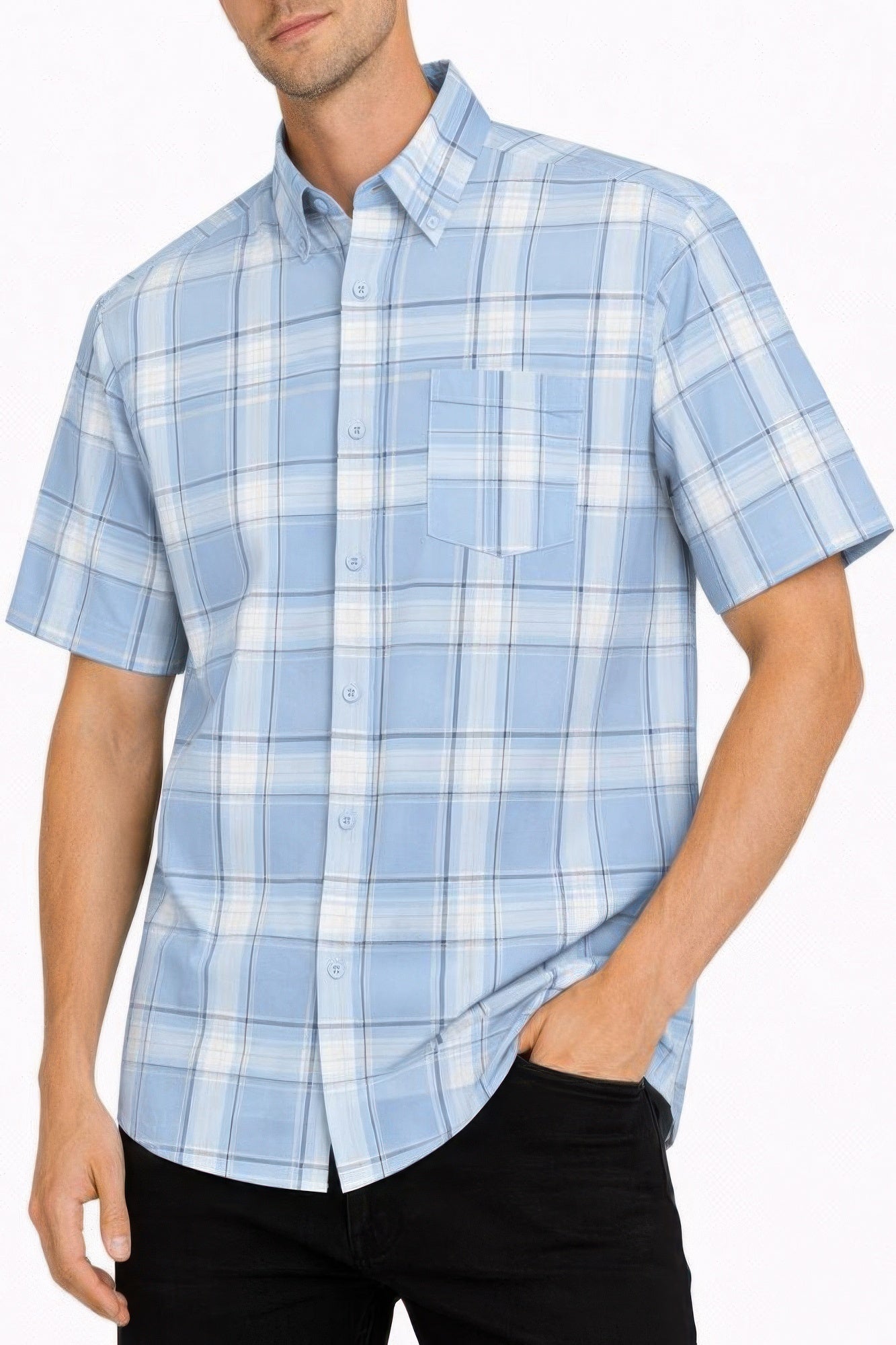 Oldschool Checkered Button Down Short Sleeve Shirt Light Blue