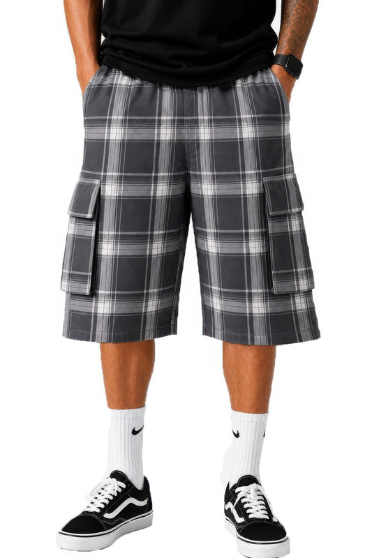 Mens Checkered Baggy Cargo Shorts Dark Grey