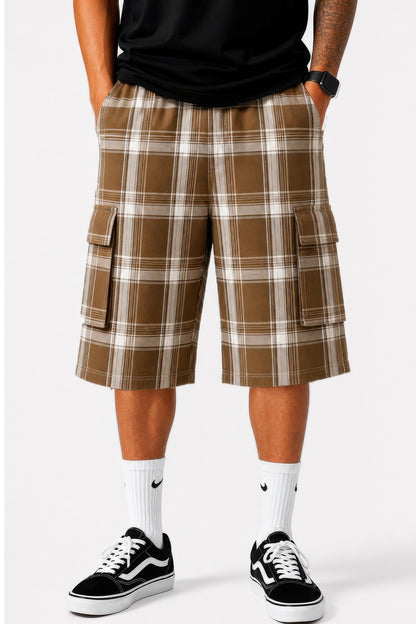 Mens Checkered Baggy Cargo Shorts Brown