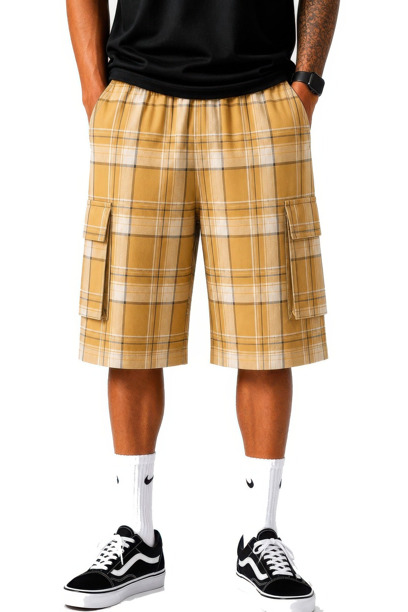 Mens Checkered Baggy Cargo Shorts Khaki