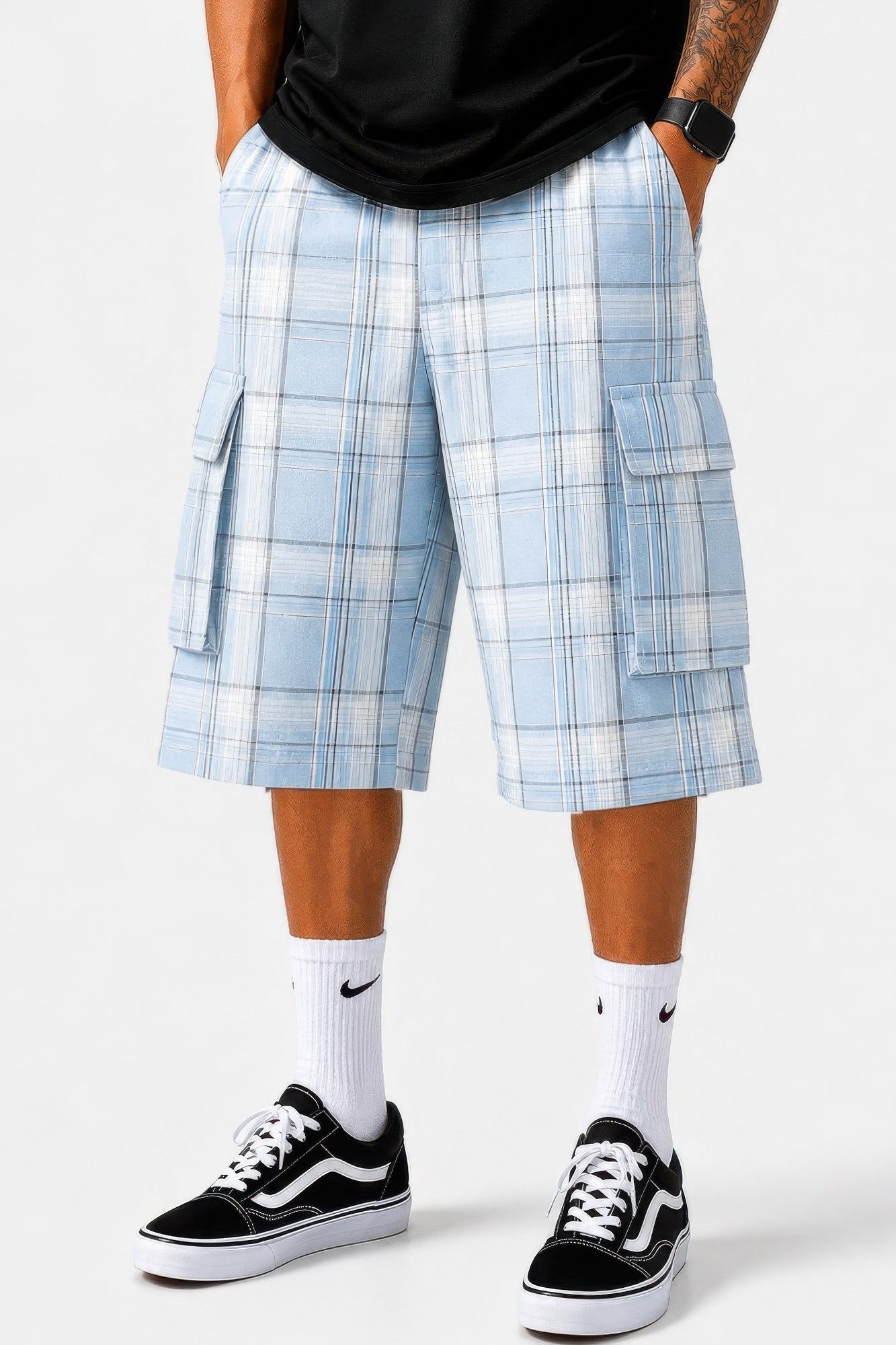 Mens Checkered Baggy Cargo Shorts Light Blue