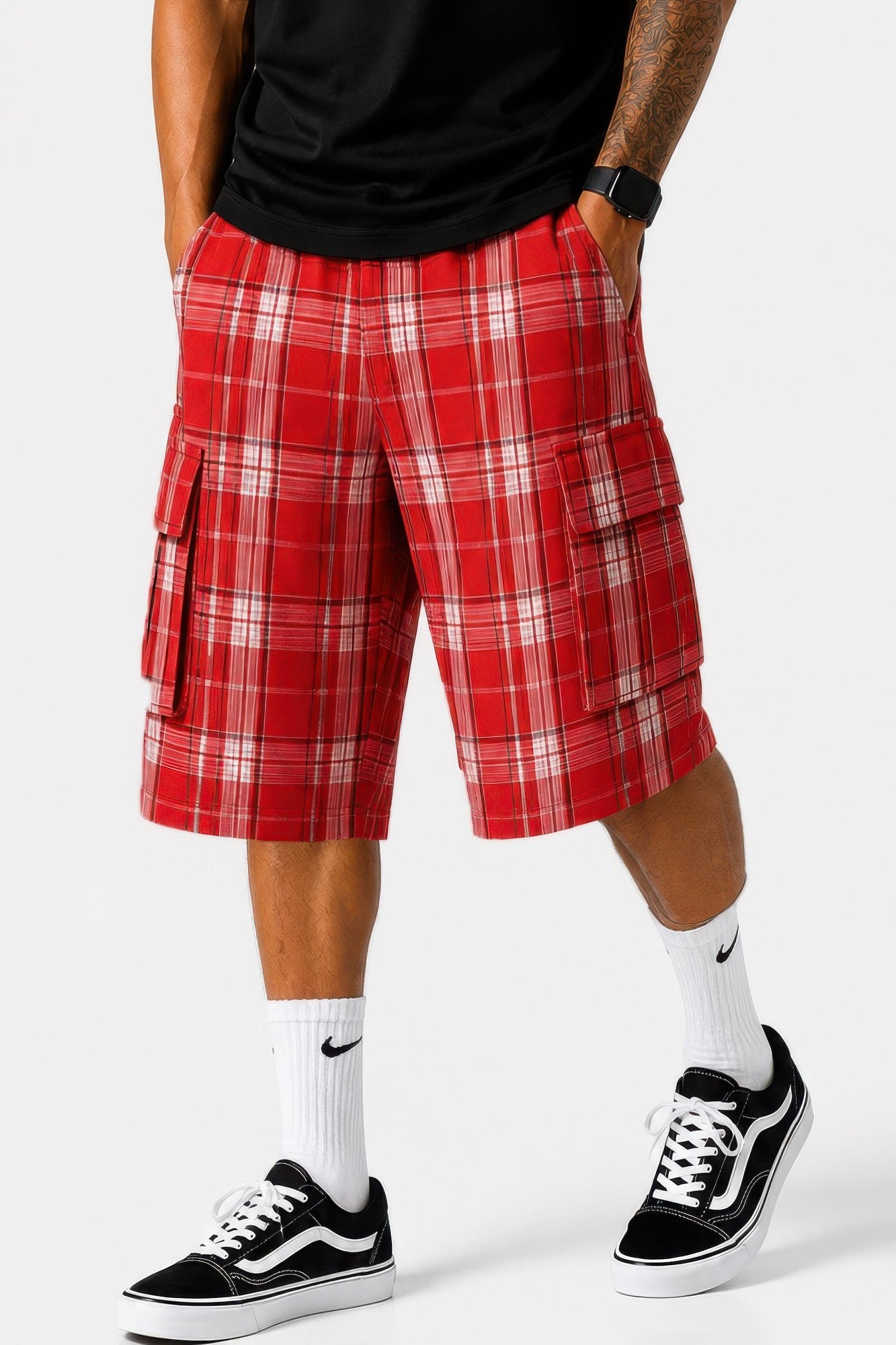 Mens Checkered Baggy Cargo Shorts Red