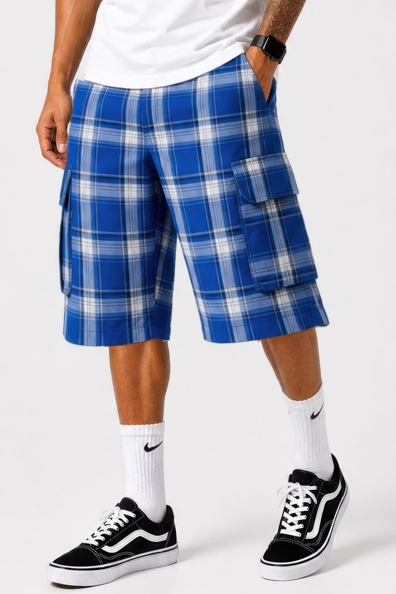 Mens Checkered Baggy Cargo Shorts Royal