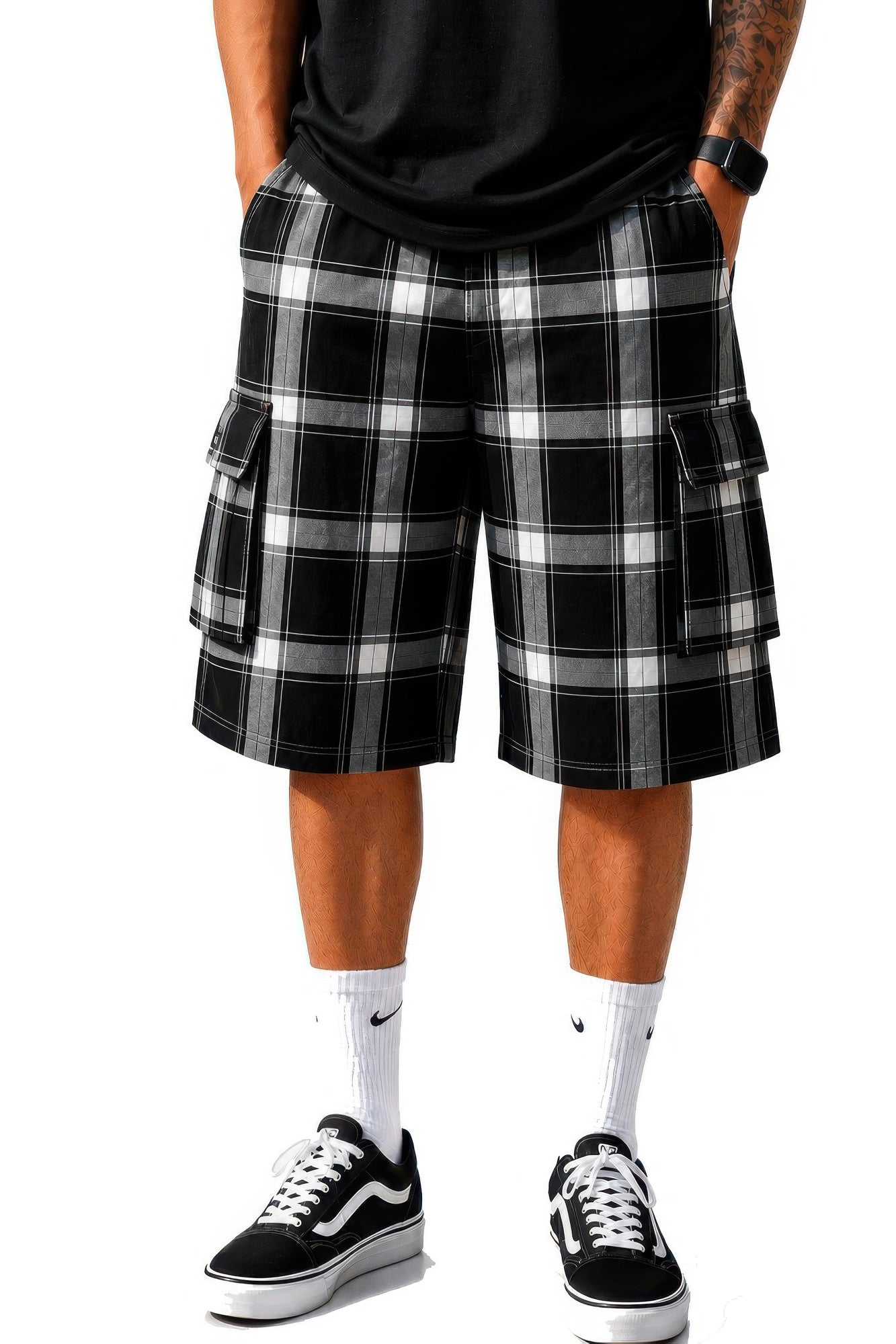 Mens Checkered Baggy Cargo Shorts Black