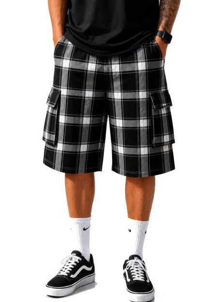 Mens Checkered Baggy Cargo Shorts Black
