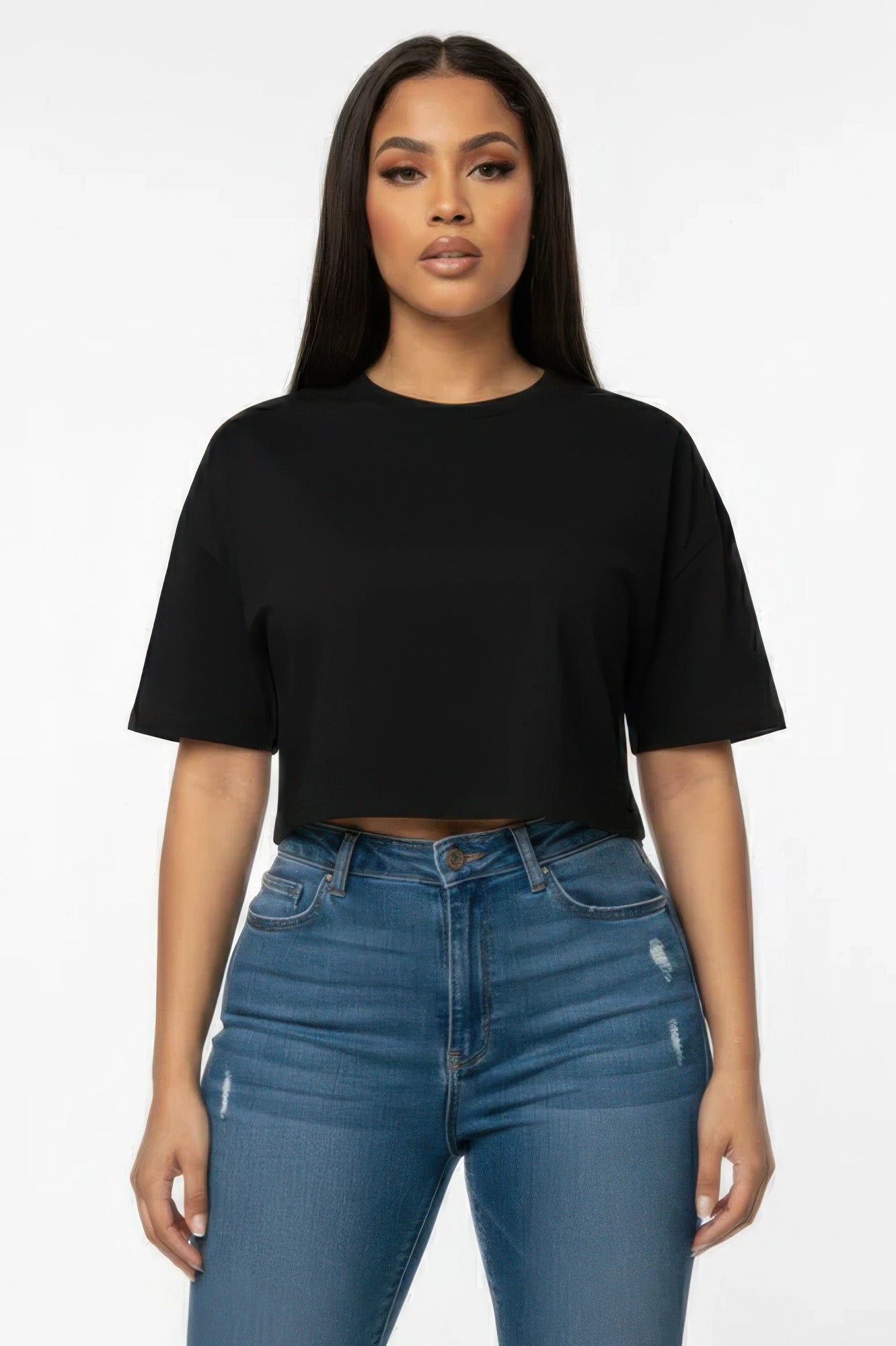 Women's Premium Short Sleeve Round Neck Basic Crop Top Black