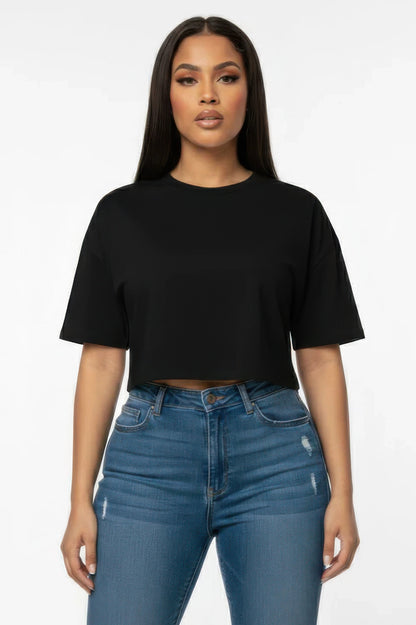 Women's Premium Short Sleeve Round Neck Basic Crop Top Black