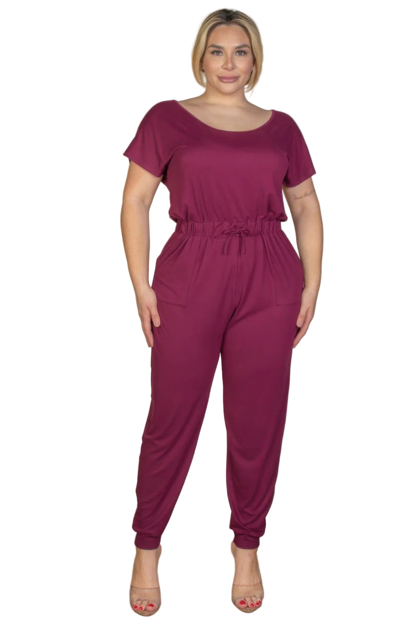 Plus Size Solid Drawstring Short Sleeve Jumpsuit