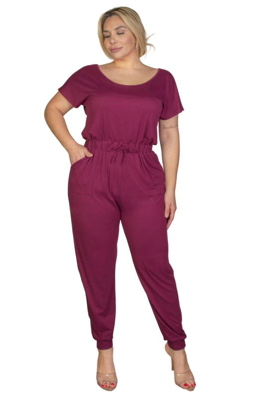 Plus Size Solid Drawstring Short Sleeve Jumpsuit