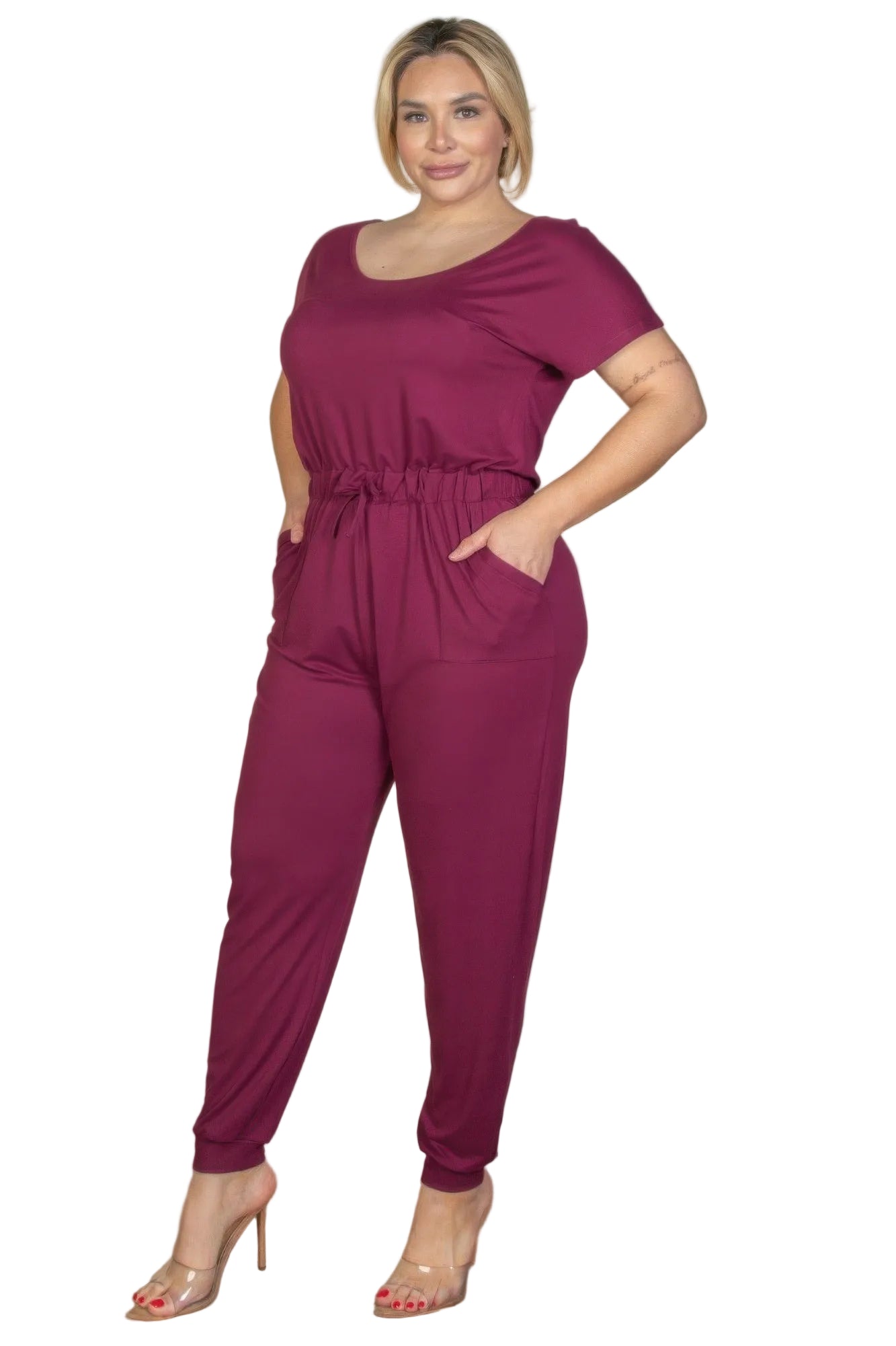 Plus Size Solid Drawstring Short Sleeve Jumpsuit