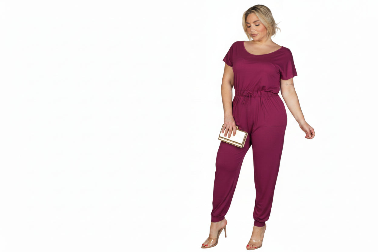 Plus Size Solid Drawstring Short Sleeve Jumpsuit